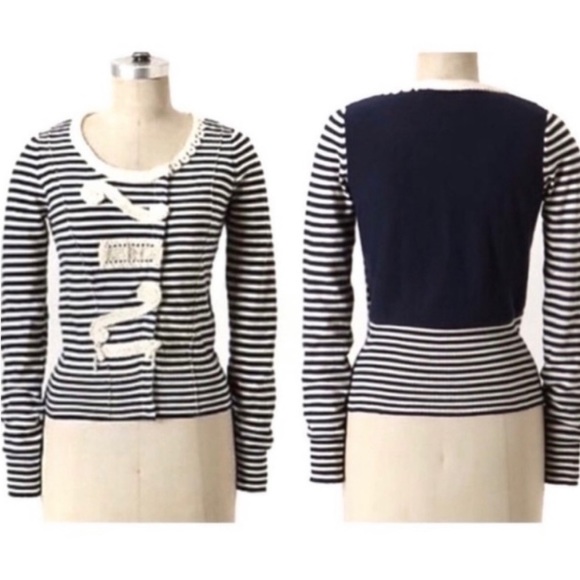 Anthro Sparrow Navy Striped Crochet Knit Detail Snap Cardigan Sweater - Picture 2 of 11